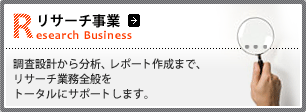 「リサーチ事業」
調査設計から分析、レポート作成まで、リサーチ業務全般をトータルにサポートします。
